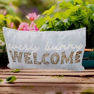 Bunny Tales Velour Beaded  Every Bunny Welcome  Accent Pillow New